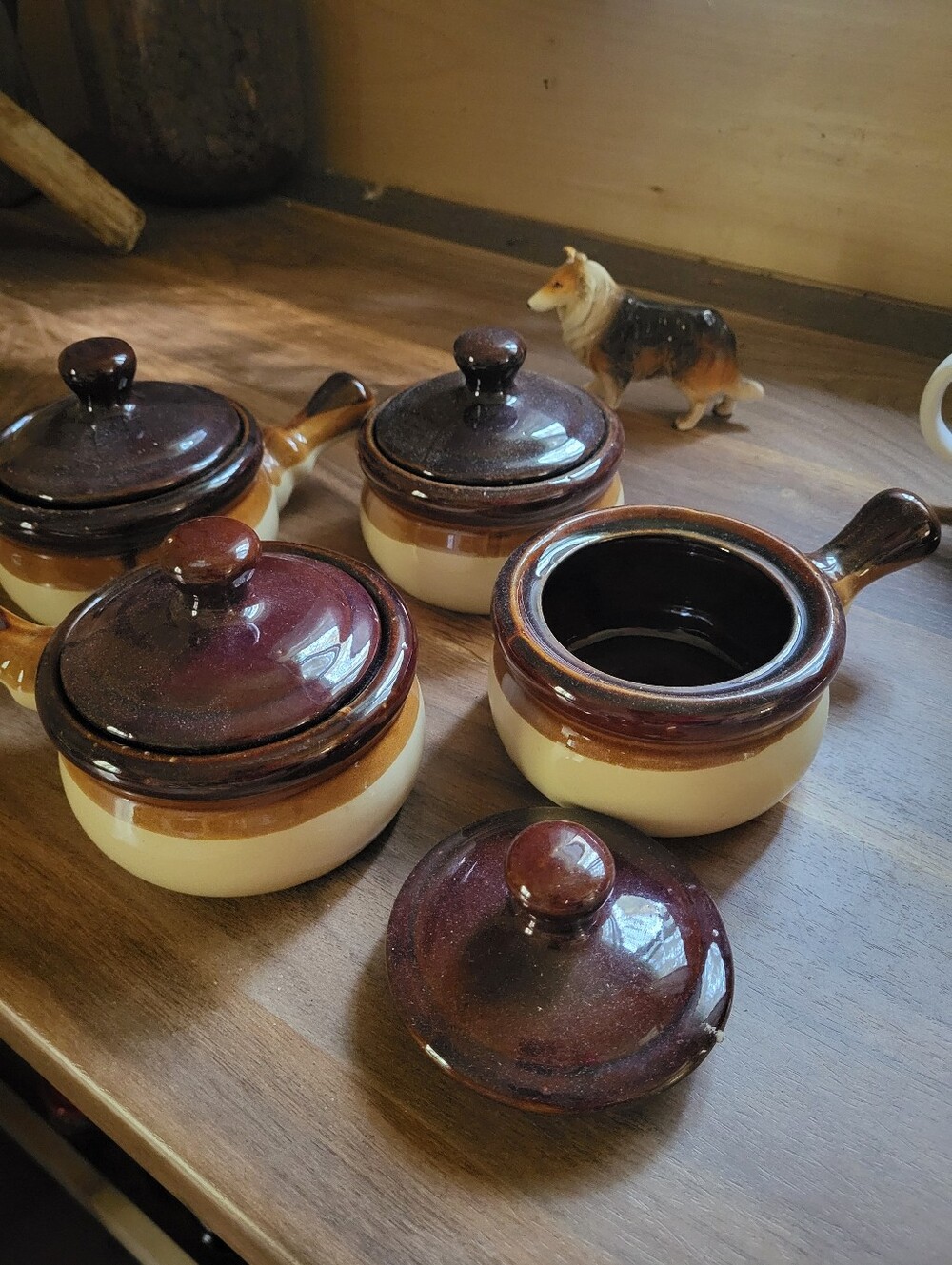 Brown and Cream Ceramic Soup Bowls with Lids and Handles